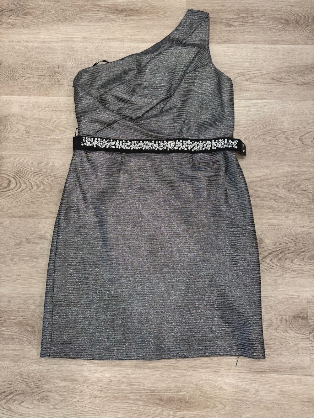 One-Shoulder Metallic Silver Cocktail Dress with Embellished Belt